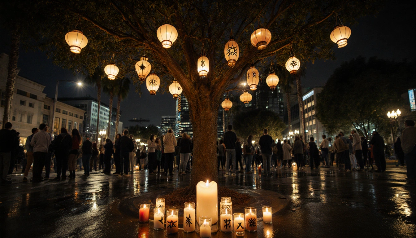 Tree illuminates night with lanterns and wet city lights while a large candle invites visitors