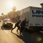 Suspect clinging to truck door and officer reaches during LAPD chase with sunset on Ocean Park