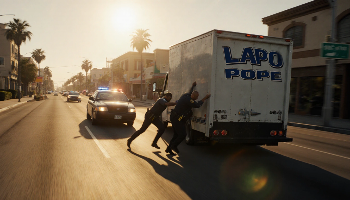 Suspect clinging to truck door and officer reaches during LAPD chase with sunset on Ocean Park