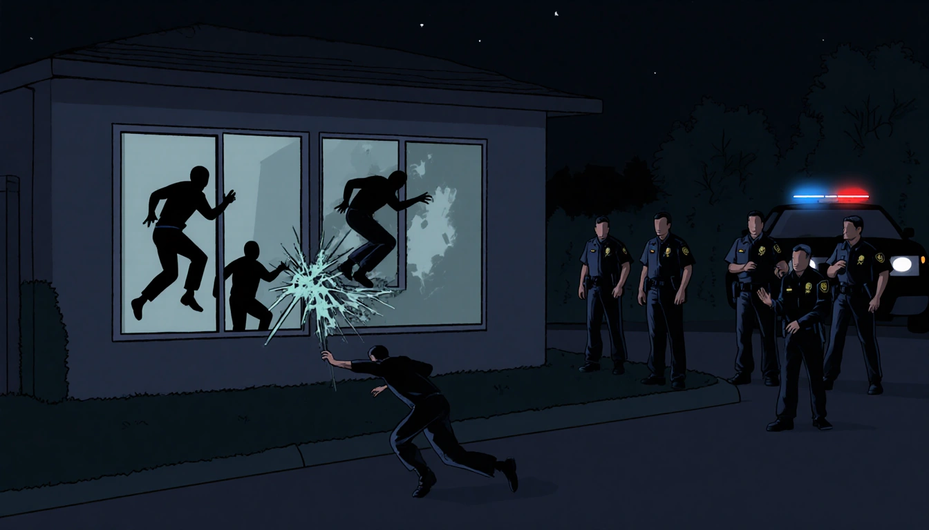 Police officers observe intruders breaking safety-glass window with police lights and dim night lights.