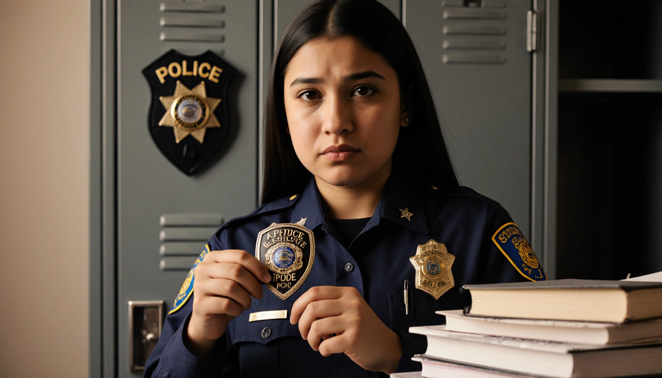 LAPD cadet Giselle Navarro stands confidently with a police badge in hand and textbooks on her desk