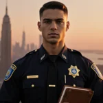 LAPD cadet standing holding worn leather journal with golden sunset glow and city skyline behind