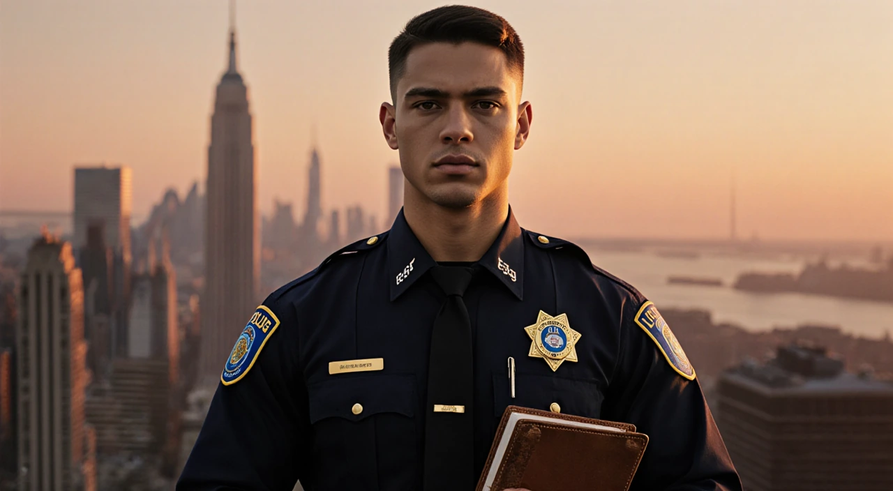 LAPD cadet standing holding worn leather journal with golden sunset glow and city skyline behind
