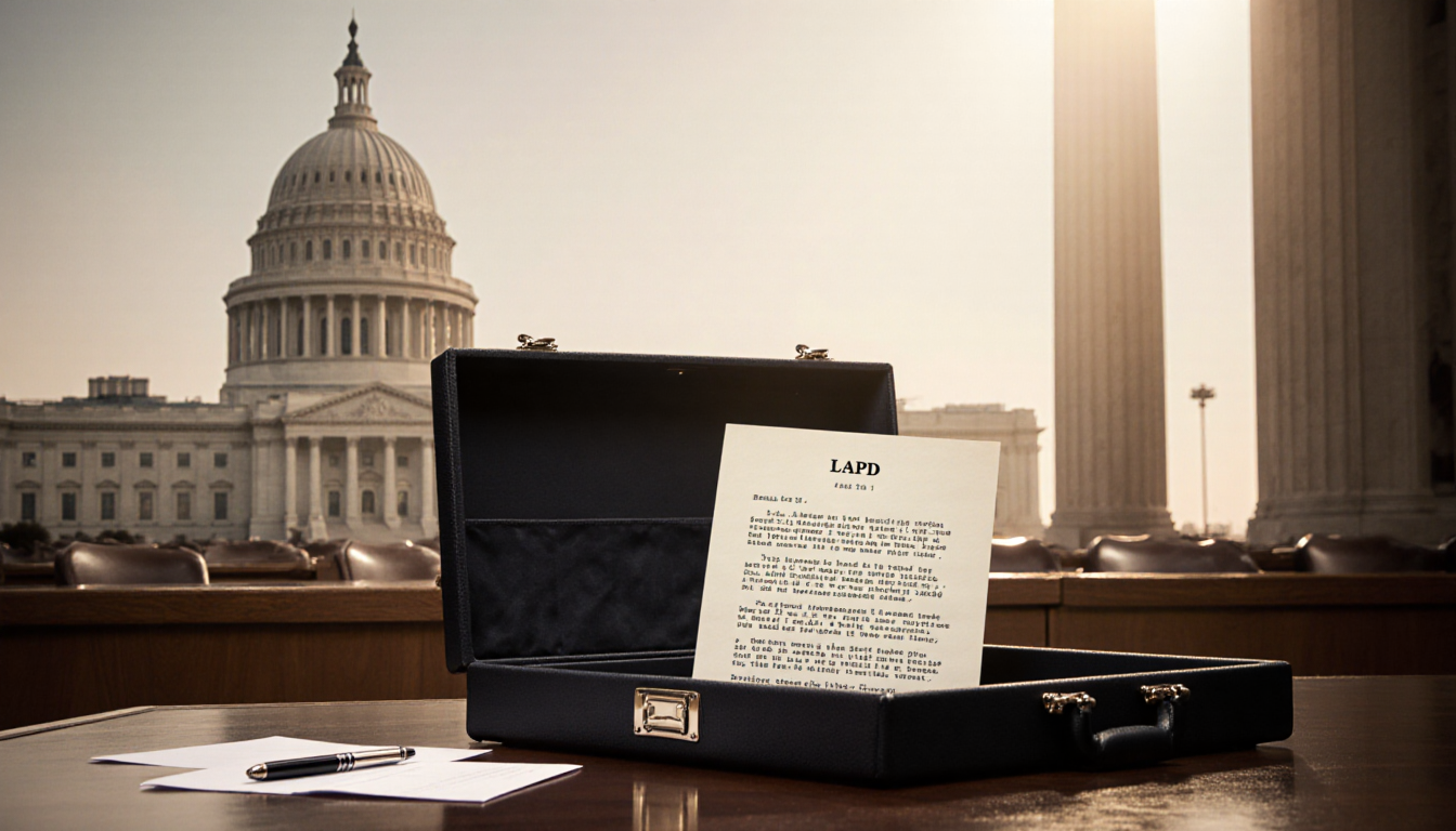 Letter opening reveals typed page with dollar signs and LAPD on polished wooden desk with City Hall outline in background