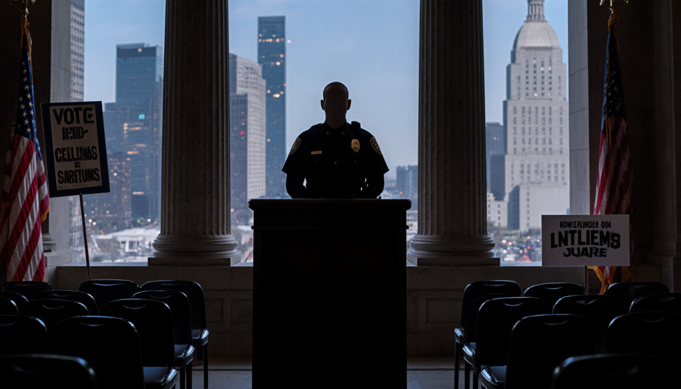 LAPD officer standing at podium with empty City Hall chamber and city lights outside