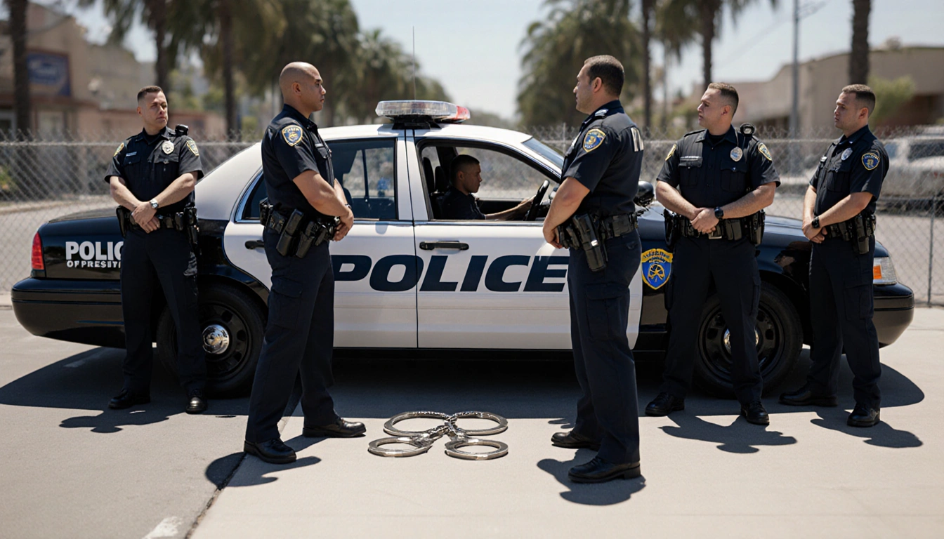 LAPD officer standing in front of a police car with officers forming a semi-circle and handcuffs on the ground