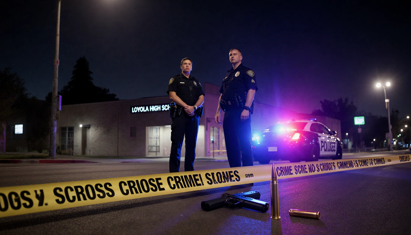 Two LAPD officers stand beside a flashing police car with crime scene tape and a kit containing a bullet casing on a street.