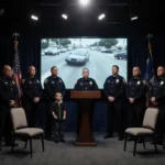 Police officers stand before large screen with hit‑and‑run footage and empty chairs representing victims near spotlighted pod