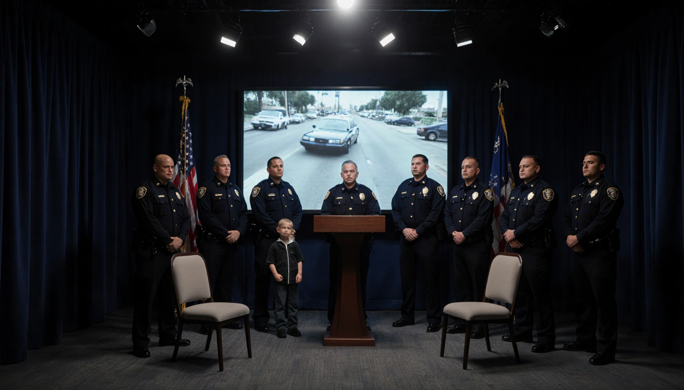 Police officers stand before large screen with hit‑and‑run footage and empty chairs representing victims near spotlighted pod