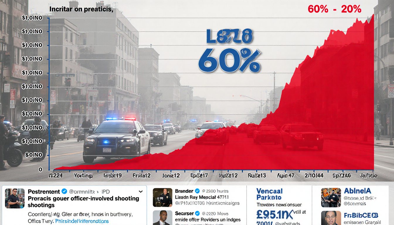 Bar graph showing a sharp trend 60 percent rise in LAPD shootings with a muted cityscape background and police vehicles nearb
