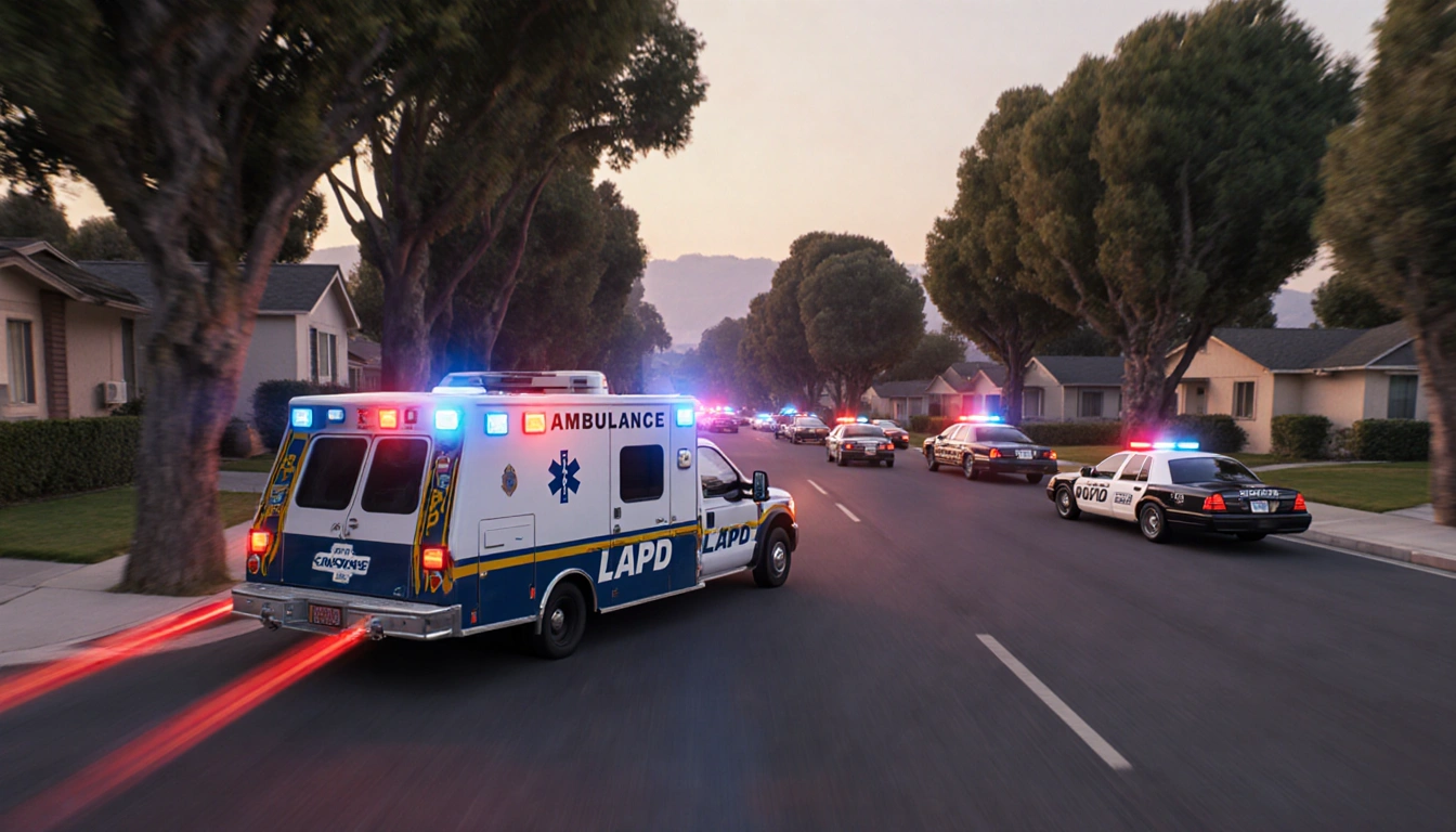LAPD squad cars chasing an empty ambulance with flashing lights through suburban streets lined with tall trees and houses
