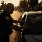 LAPD officer standing with hand on patrol car door during tense standoff with driver on a Van Nuys street at dusk