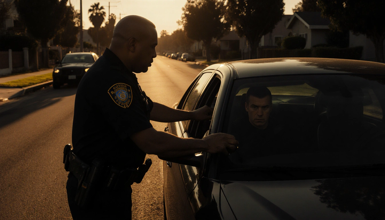 LAPD officer standing with hand on patrol car door during tense standoff with driver on a Van Nuys street at dusk