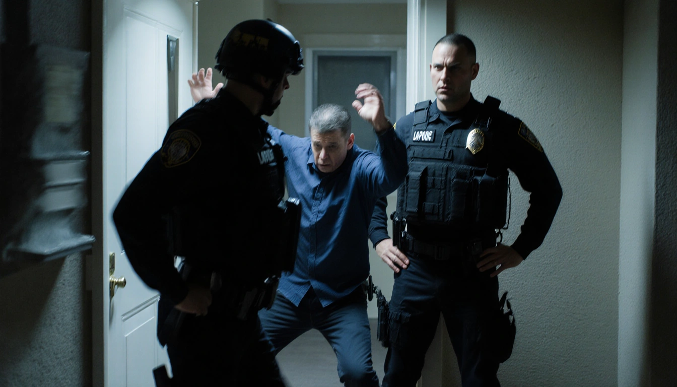 Police officers in tactical gear stand at apartment entrance with hands on hips watching suspect raise arms.