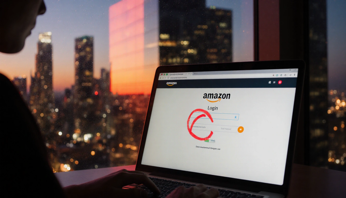 Laptop screen shows Amazon login with a red blocked badge and a blurred dusk cityscape with neon lights behind