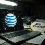 Worn laptop keyboard with cracked screen caution tape sits beside envelope marked AT&T Settlement with AT&T logo behind