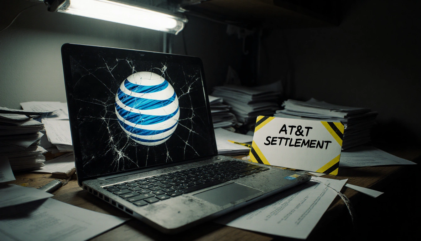 Worn laptop keyboard with cracked screen caution tape sits beside envelope marked AT&T Settlement with AT&T logo behind
