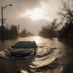 Car hood partially submerged in flooded LA River water with swirling rain and streetlight above