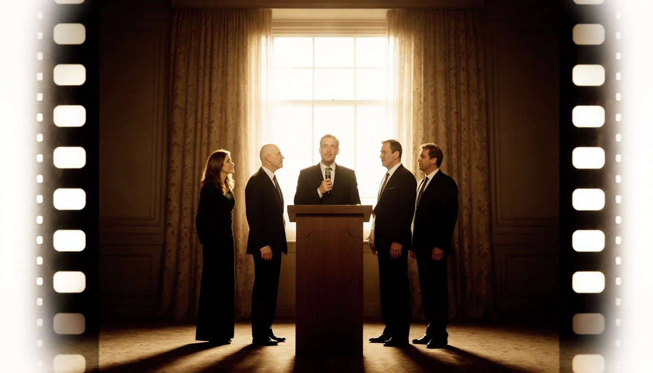 Larry David delivers a eulogy with microphone and podium five comedians stand near him golden light filmstrip pattern behind.