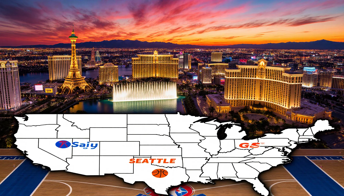 Map highlights Seattle and Las Vegas as NBA expansion sites with basketball court pattern over sunset Las Vegas Strip