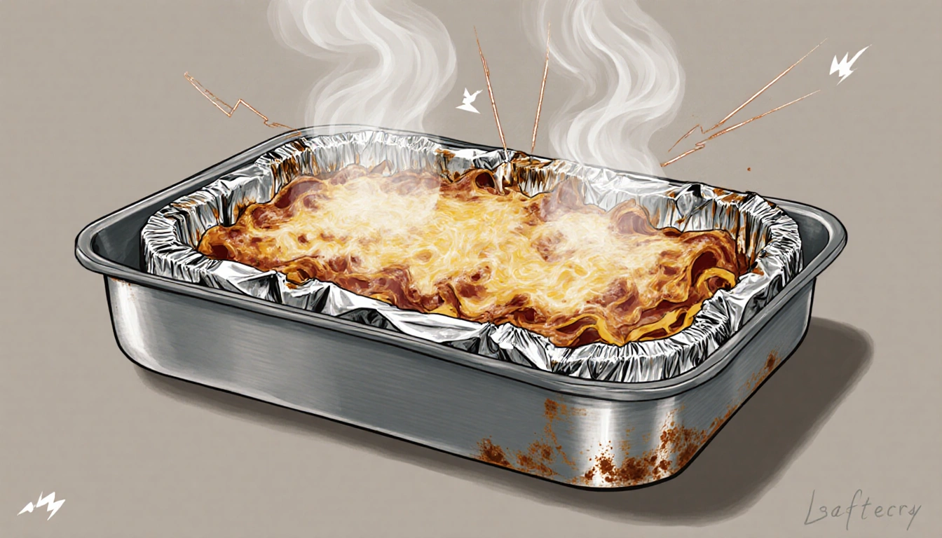 Foil-covered lasagna steams in steel pan with rusting foil and faint electric spark