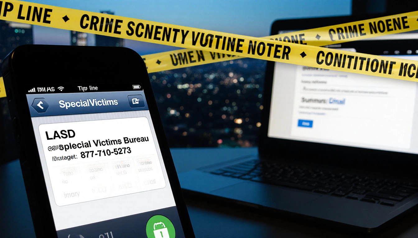 Phone displaying LASD SVB phone number with laptop showing specialvictimsbureau email address and city skyline overlay