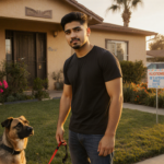 Latino teen holding a leash with his dog near a Reseda home with warm facade and bright flowers looking back at camera.