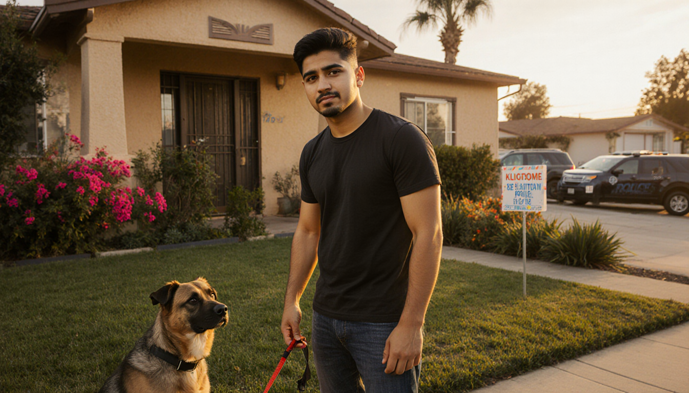 Latino teen holding a leash with his dog near a Reseda home with warm facade and bright flowers looking back at camera.