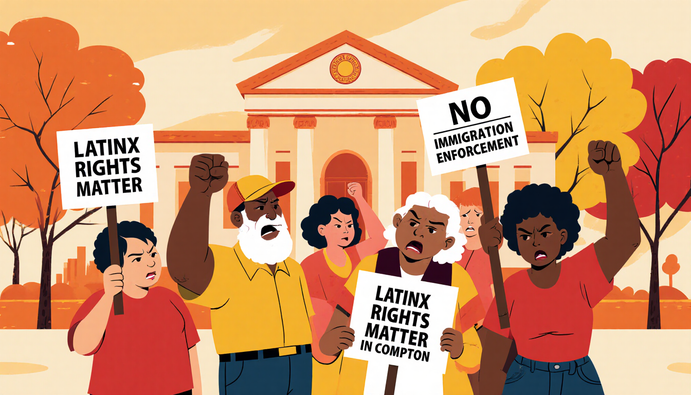 Residents holding signs with Latinx rights matter and no immigration enforcement in Compton with raised fists near city hall.