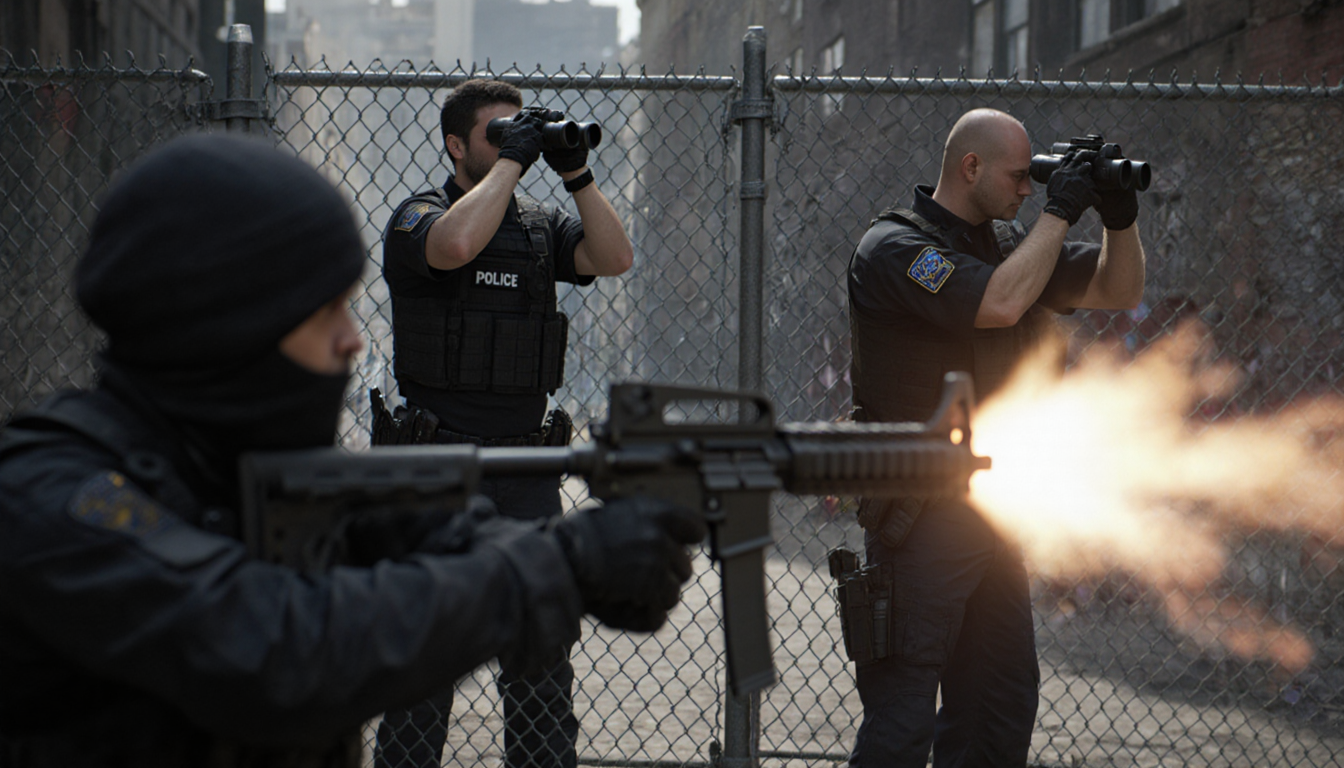 Suspect firing at police officers in tactical gear with barricade and urban standoff