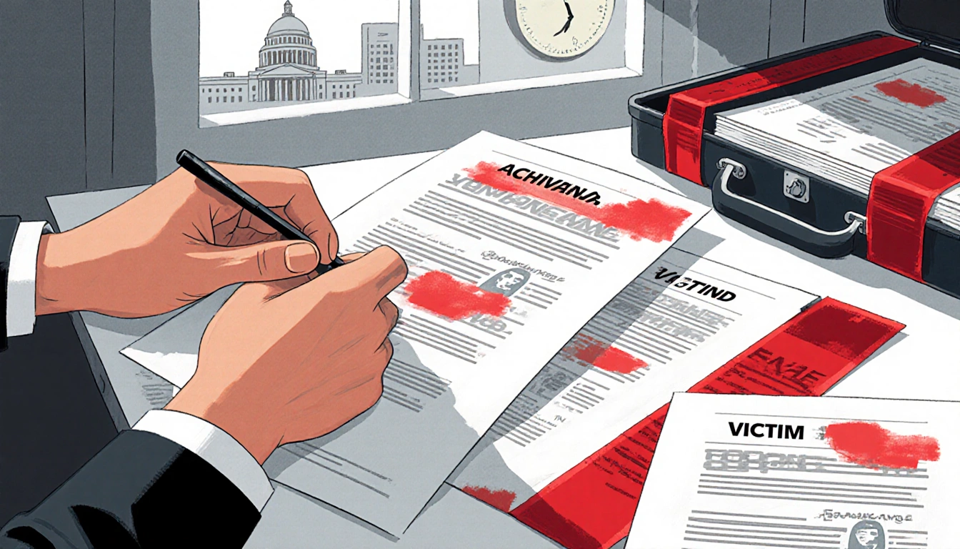 Lawyer's hands holding a pen with sealed documents tied in red tape and a partially open briefcase revealing redacted files