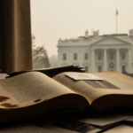 Open leather-bound book with yellowed pages coffee-stained edge highlighting Dan Bongino and a misty White House background