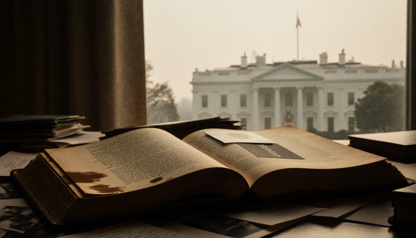 Open leather-bound book with yellowed pages coffee-stained edge highlighting Dan Bongino and a misty White House background