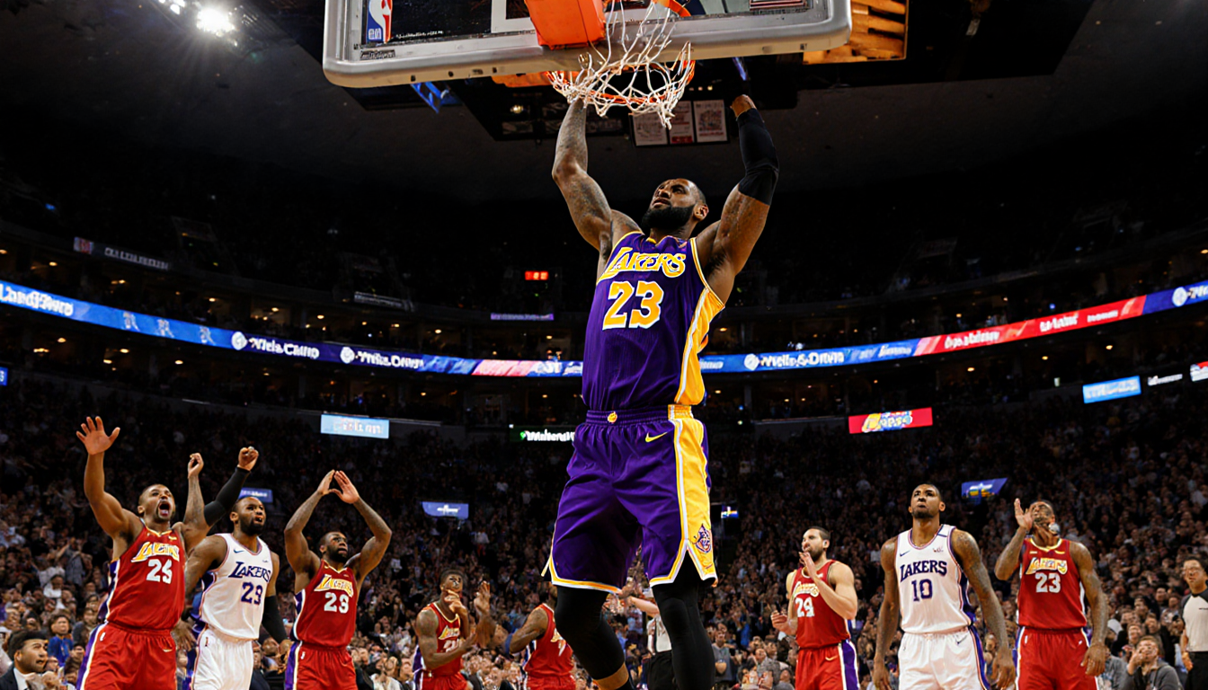 LeBron James soaring for a slam dunk with his glistening Lakers jersey under bright arena lights and stunned 76ers fans.
