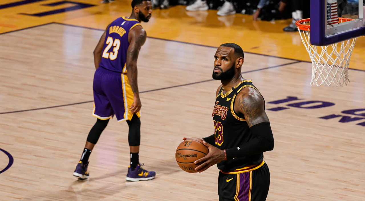 LeBron James holding the ball at free throw line with his eyes fixed on rim and a frustrated Suns player in background