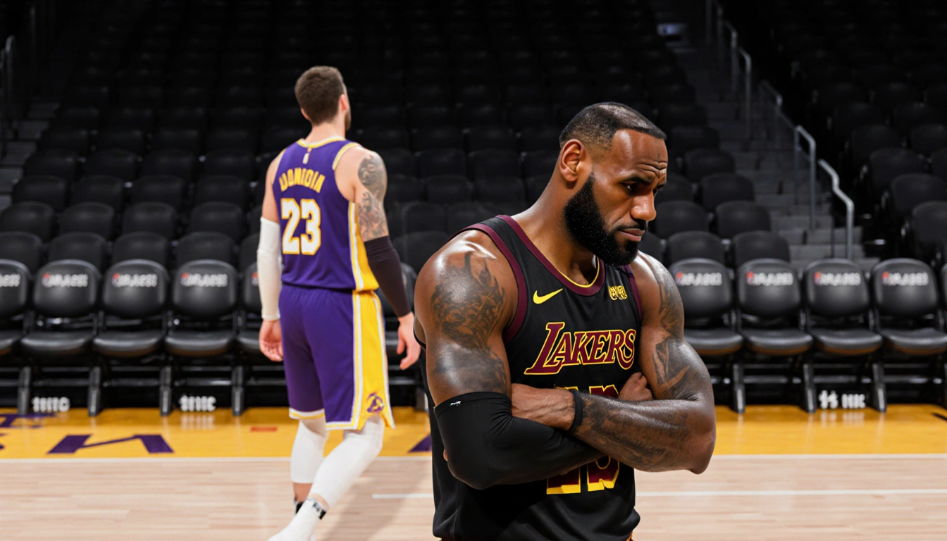 LeBron James standing on basketball court with frustration and Luka Dončić walking away in blur