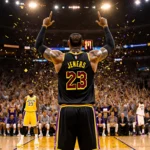 LeBron James stands at the free throw line with hands raised over a Los Angeles Lakers bench while Suns watch.