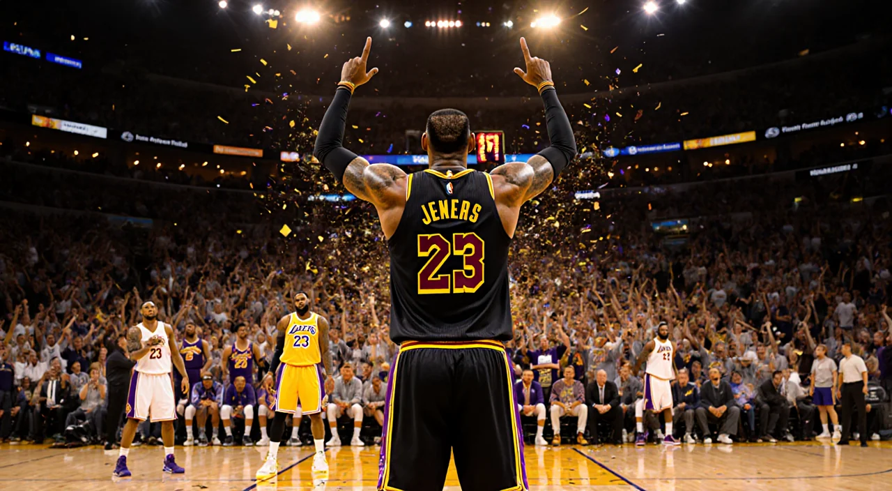 LeBron James stands at the free throw line with hands raised over a Los Angeles Lakers bench while Suns watch.