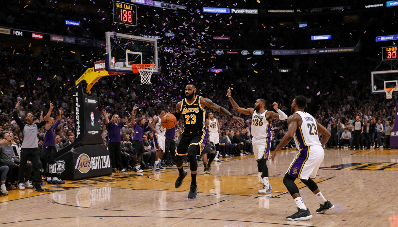 LeBron James drives toward the hoop with a Utah Jazz defender nearby and Lakers bench erupts in cheers and confetti