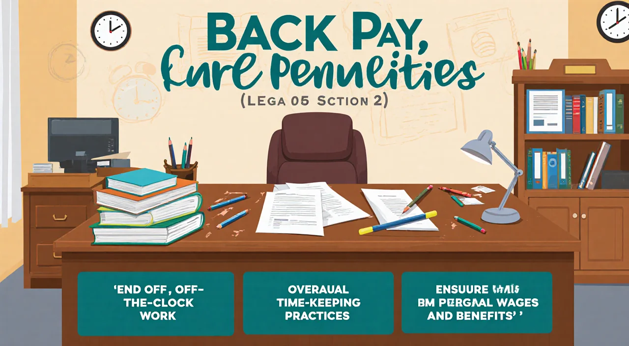 Courthouse desk holds paperwork and pens with bold Back Pay and Penalties text above and demand list beside a clock and law b