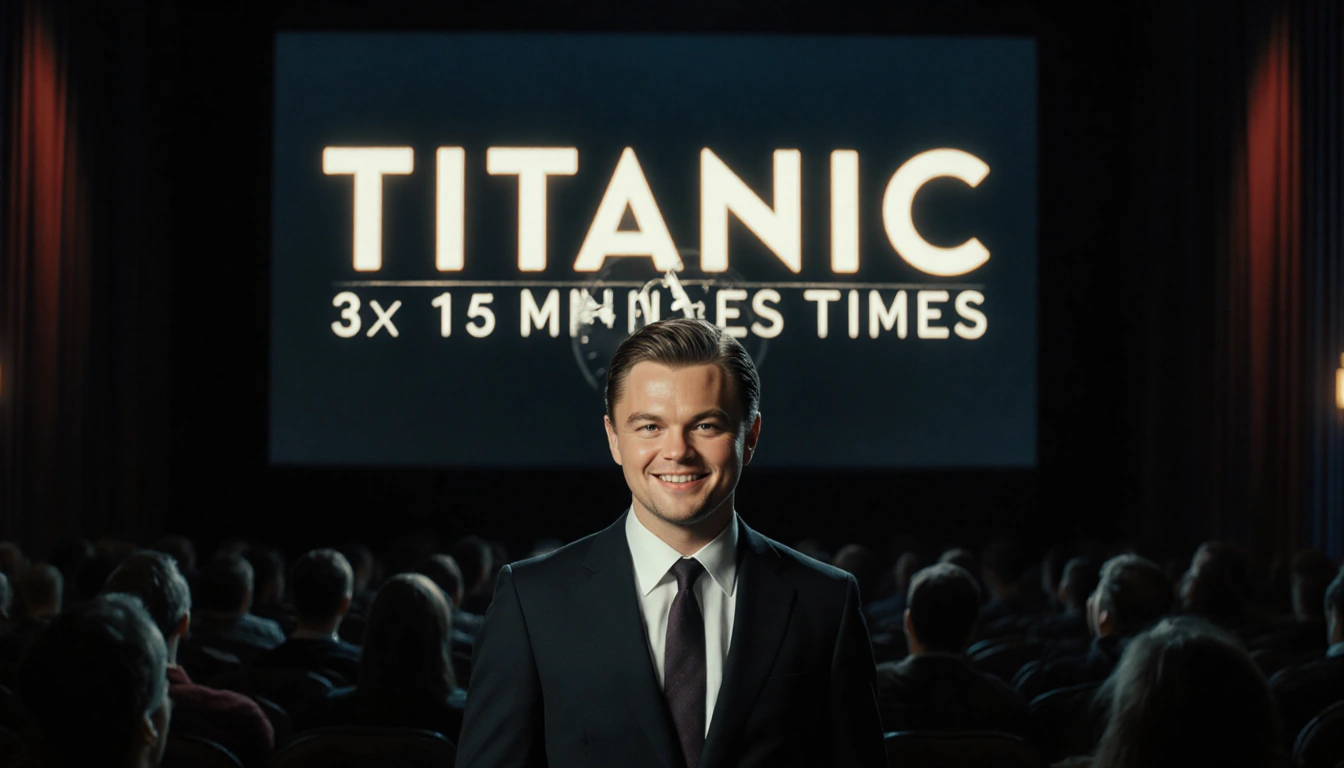 Young Leonardo DiCaprio stands before Titanic title screen with timer overlay in dim movie theater and confident smile.