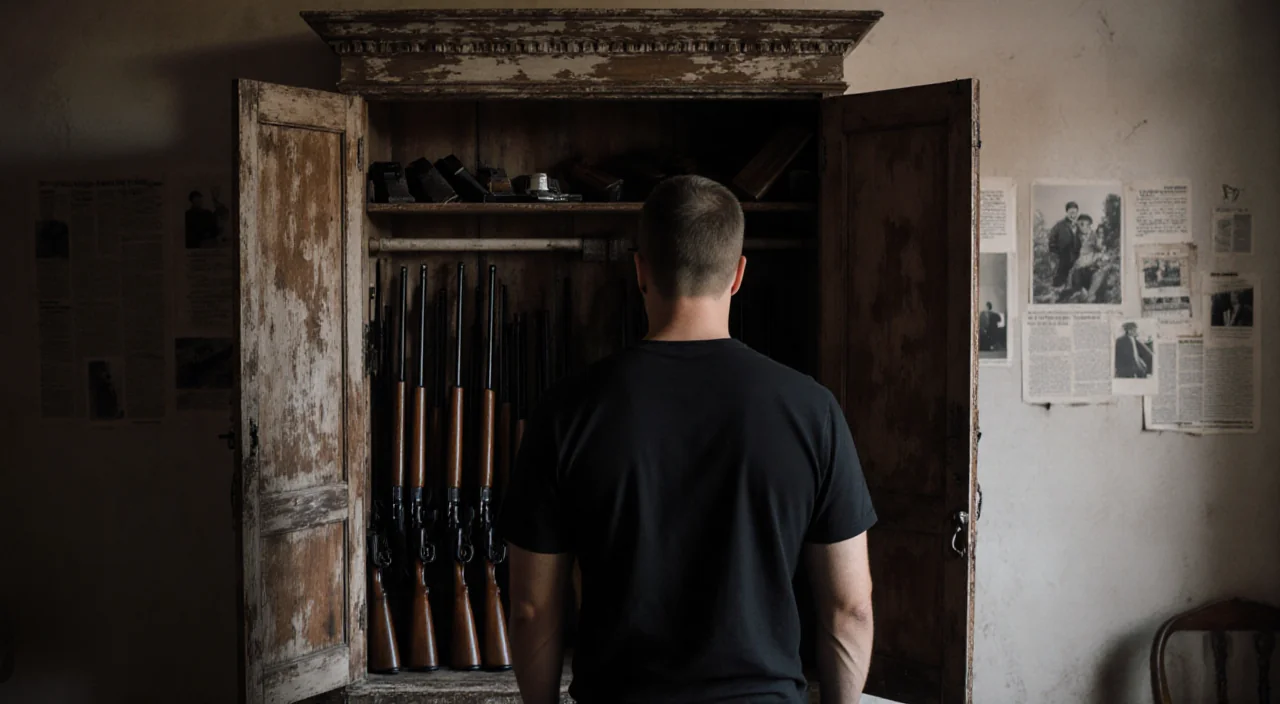 Licensed gun owner standing alone with a weathered cabinet revealing neatly arranged firearms and blurred newspaper clippings