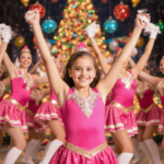 Lily Santisi dancing with arms raised in pink Rockettes costume and friends forming a semi-circle under festive holiday light