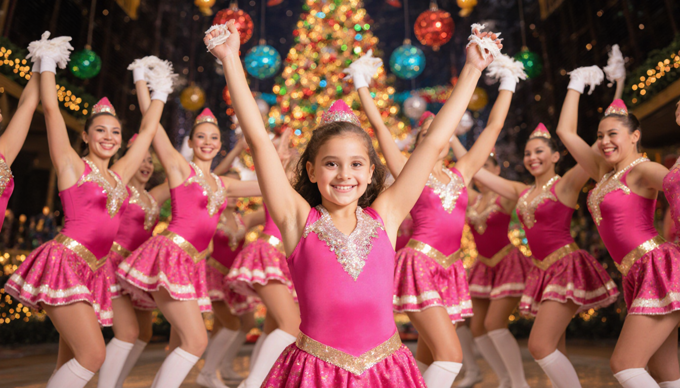 Lily Santisi dancing with arms raised in pink Rockettes costume and friends forming a semi-circle under festive holiday light