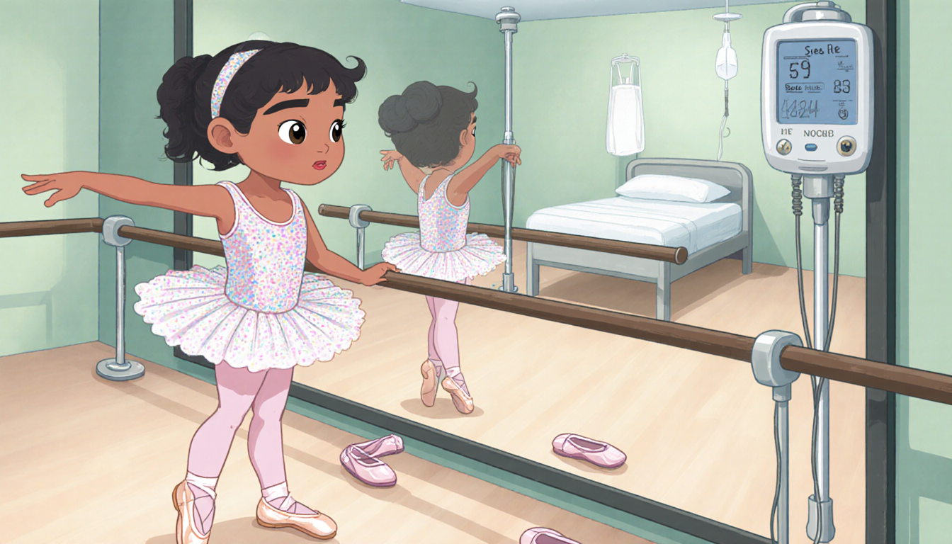 Lily Santisi practicing dance posture with a large mirror and a faint hospital illustration in background