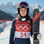 Lindsey Jacobellis Olympic gold medalist standing confidently with her snowboard on shoulder and the Dolomites backdrop.