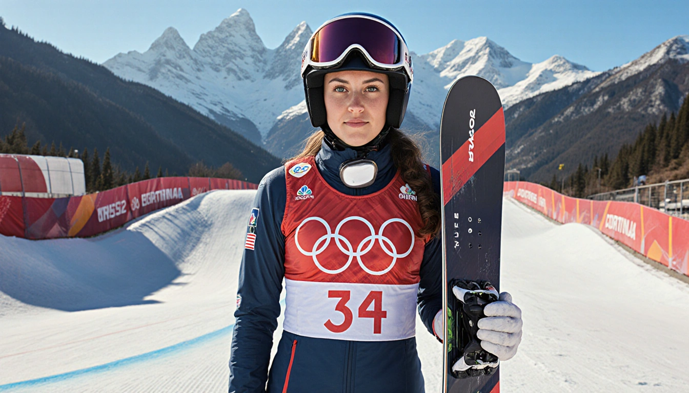 Lindsey Jacobellis Olympic gold medalist standing confidently with her snowboard on shoulder and the Dolomites backdrop.
