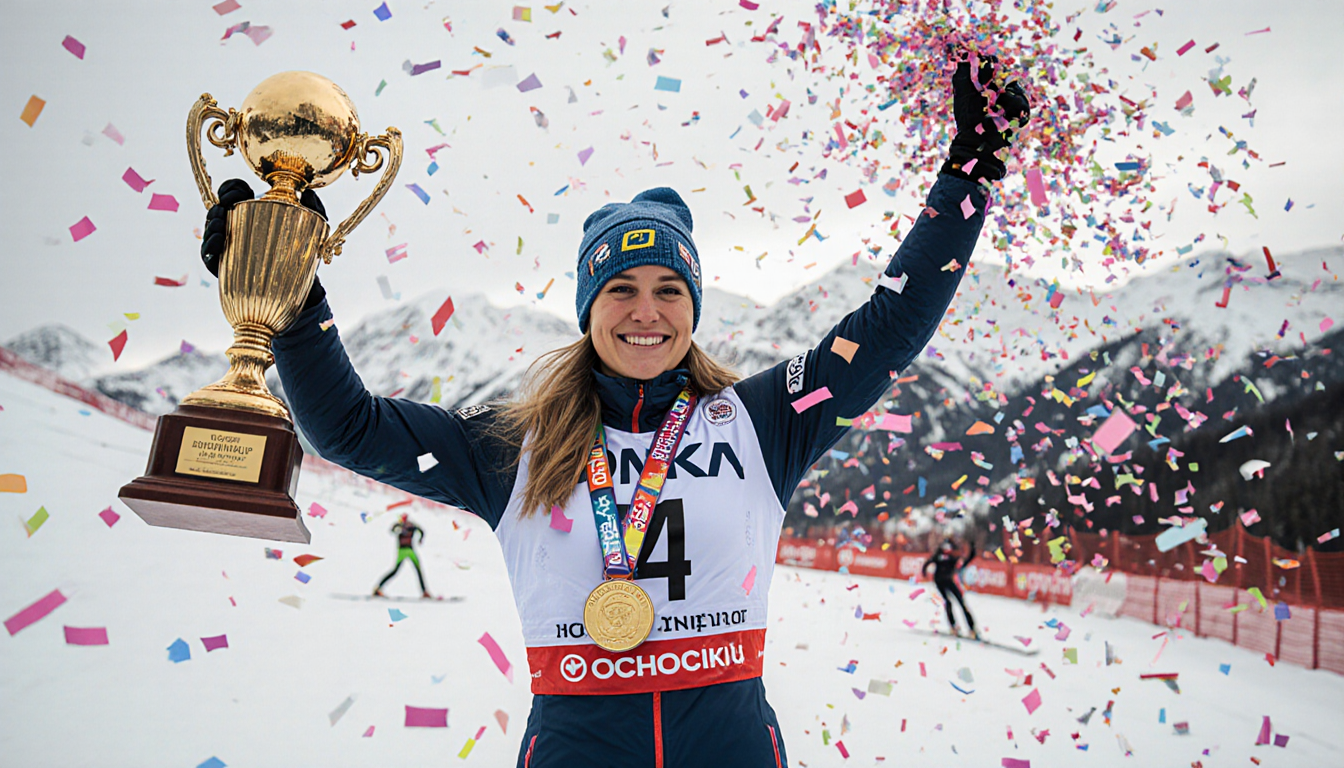 Lindsey Vonn stands on a course raising her arms with confetti and a World Cup trophy bearing number 44 beside snowy peaks.