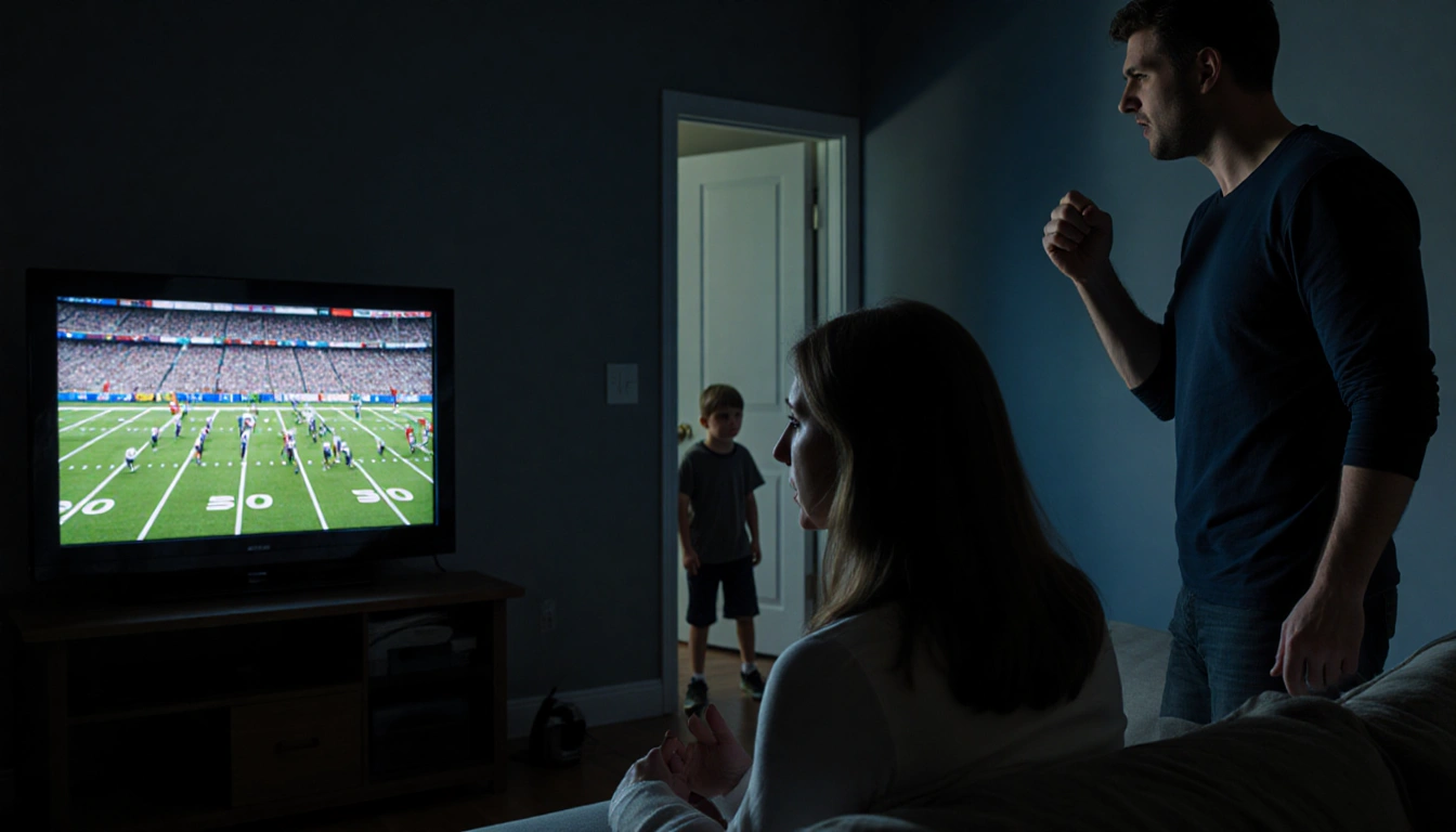 Woman looks upset on couch while husband argues with her in a dim living room near a TV showing a football game