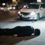 Figure lying on the sidewalk at night with a white sedan